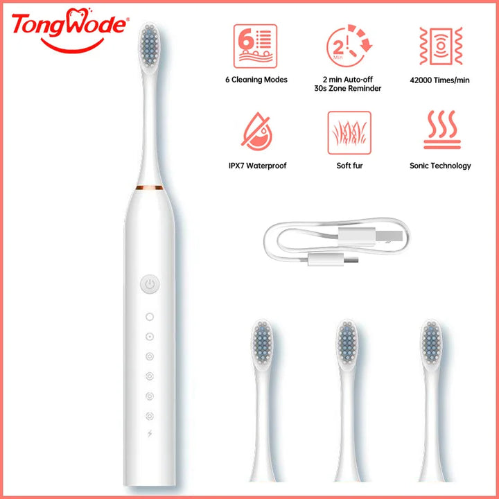 Tongwode USB Rechargeable Tooth Brush for Adult 6 Clean Modes Sonic Electric Toothbrush Washable Teeth Whitening and Cleanin