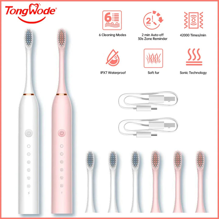 Tongwode USB Rechargeable Tooth Brush for Adult 6 Clean Modes Sonic Electric Toothbrush Washable Teeth Whitening and Cleanin