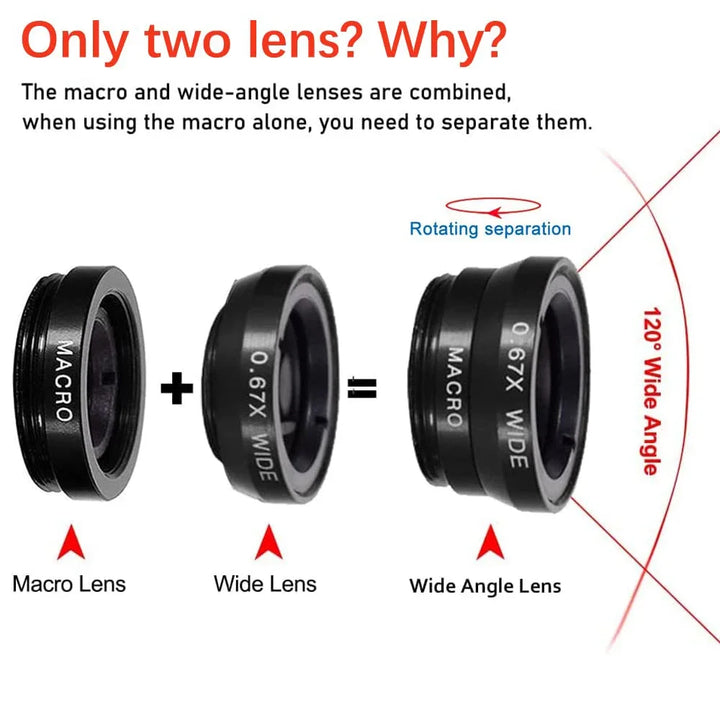 3in1 Fisheye Wide Angle Micro Camera Lens 0.67X Wide Angle Macro Lenses Camera With Clip for iPhone Xiaomi Redmi Huawei 3IN1 Len