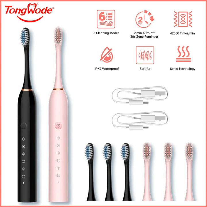 Tongwode USB Rechargeable Tooth Brush for Adult 6 Clean Modes Sonic Electric Toothbrush Washable Teeth Whitening and Cleanin