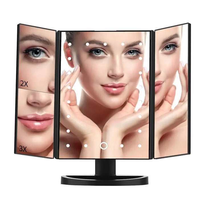 Portable 3 Folding Makeup Mirror Led Light Touch Screen Vanity Mirror with 21 LED Lights 1X/2X/3X Magnifying Cosmetic Mirror