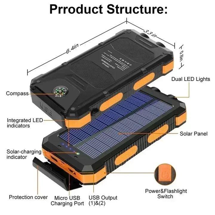 Xiaomi 200000mAh Large Capacity Solar PowerBank Portable With Lanyard Compass External Battery Outdoor Camping Fast Charging