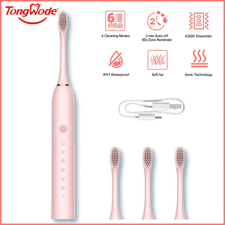 Tongwode USB Rechargeable Tooth Brush for Adult 6 Clean Modes Sonic Electric Toothbrush Washable Teeth Whitening and Cleanin