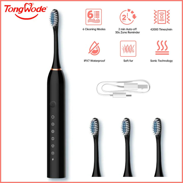 Tongwode USB Rechargeable Tooth Brush for Adult 6 Clean Modes Sonic Electric Toothbrush Washable Teeth Whitening and Cleanin