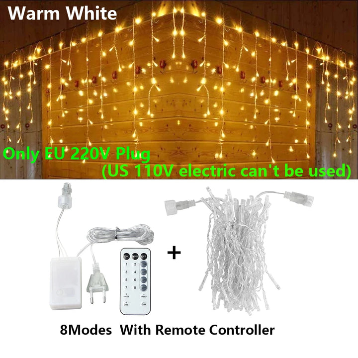 3.5-40M LED Icicle String Lights Christmas Curtain Fairy Lights Garland Remote Outdoor For New Year Wedding Street Holiday Decor