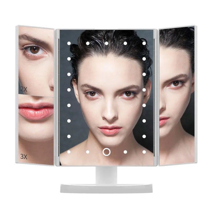 Portable 3 Folding Makeup Mirror Led Light Touch Screen Vanity Mirror with 21 LED Lights 1X/2X/3X Magnifying Cosmetic Mirror