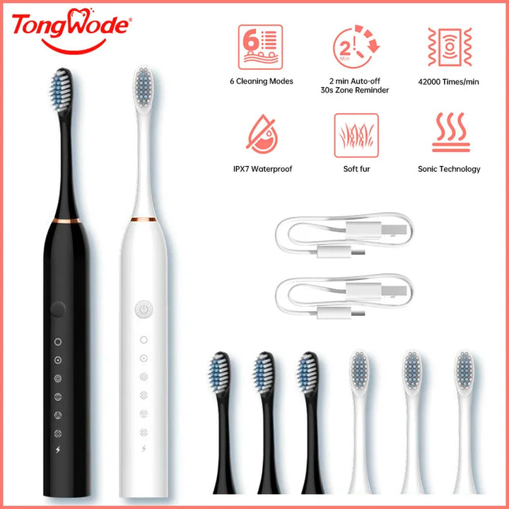 Tongwode USB Rechargeable Tooth Brush for Adult 6 Clean Modes Sonic Electric Toothbrush Washable Teeth Whitening and Cleanin